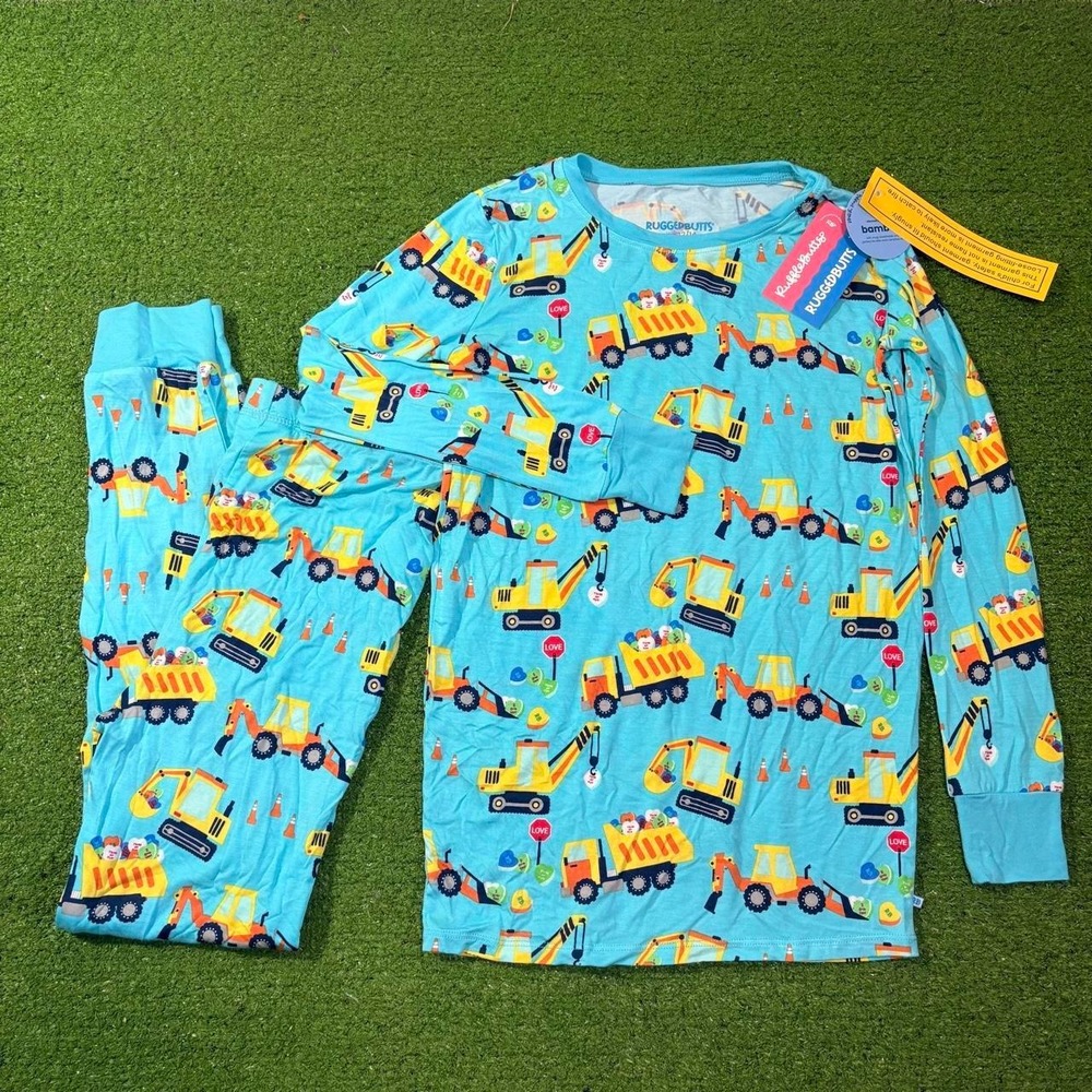 RuggedButts Kids Pajamas Size 12/14 Two Piece Under Construction Trucks Bamboo